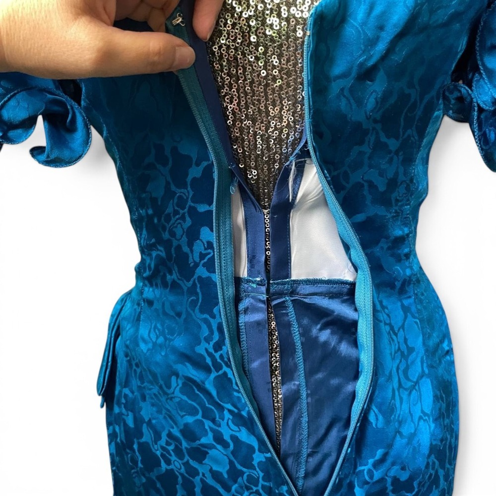 Vintage AJ Bari 100% Silk Teal Floral Ruched Ruffle Sleeve Cocktail Dress Size 8 - Picture 13 of 13